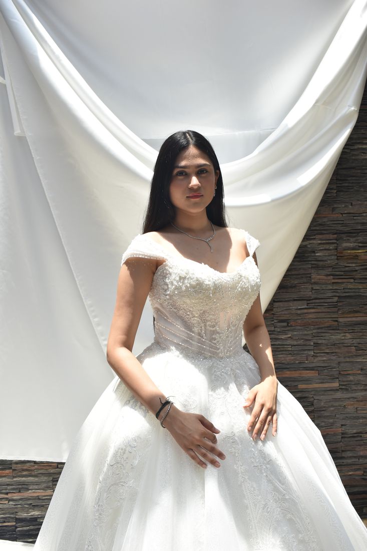 Off-shoulder beaded bodice ball gown photographed in daylight