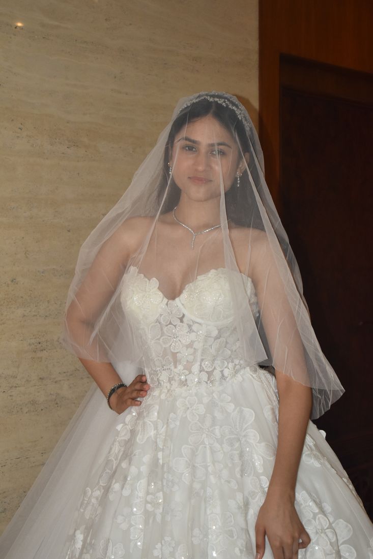 Bride in a floral appliqué ball gown wearing a soft tulle blusher veil